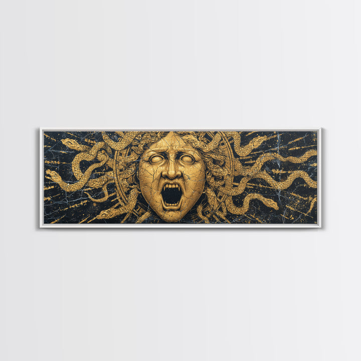 Medusa Serpent Gold Canvas Print, Greek Mythology Wall Art, Gorgon Face Illustration, Real Wood Frame, Unique Statement Decor