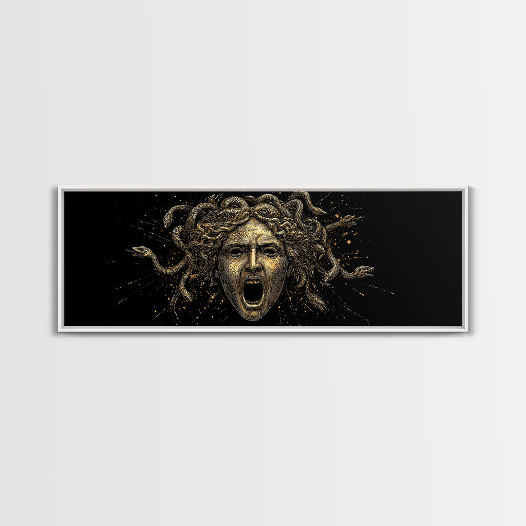 Medusa Head Gold Canvas Art, Greek Mythological Gorgon Wall Print, Snake Hair Woman Illustration, Real Wood Frame, Bold Luxury Decor