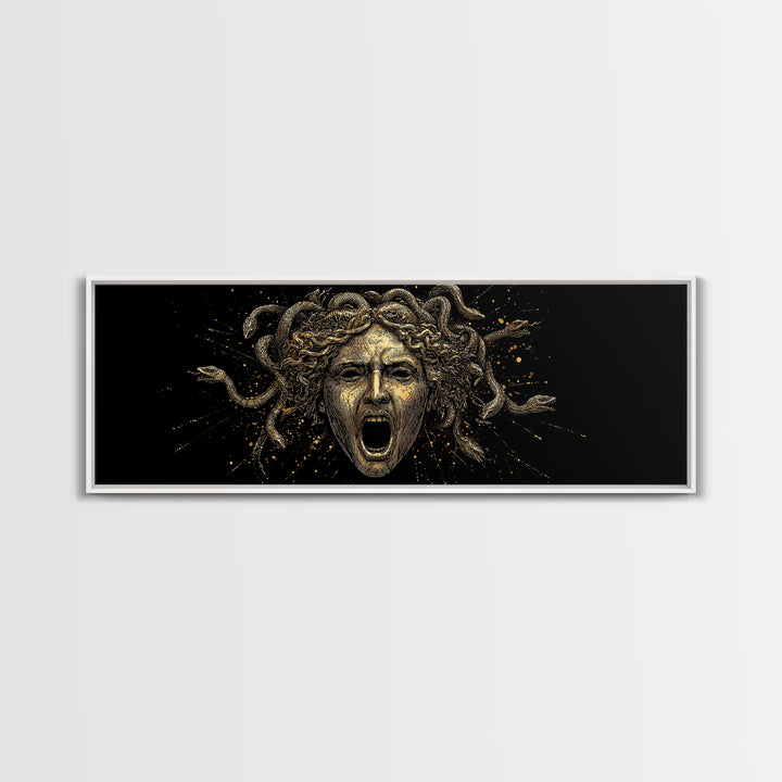 Medusa Head Gold Canvas Art, Greek Mythological Gorgon Wall Print, Snake Hair Woman Illustration, Real Wood Frame, Bold Luxury Decor