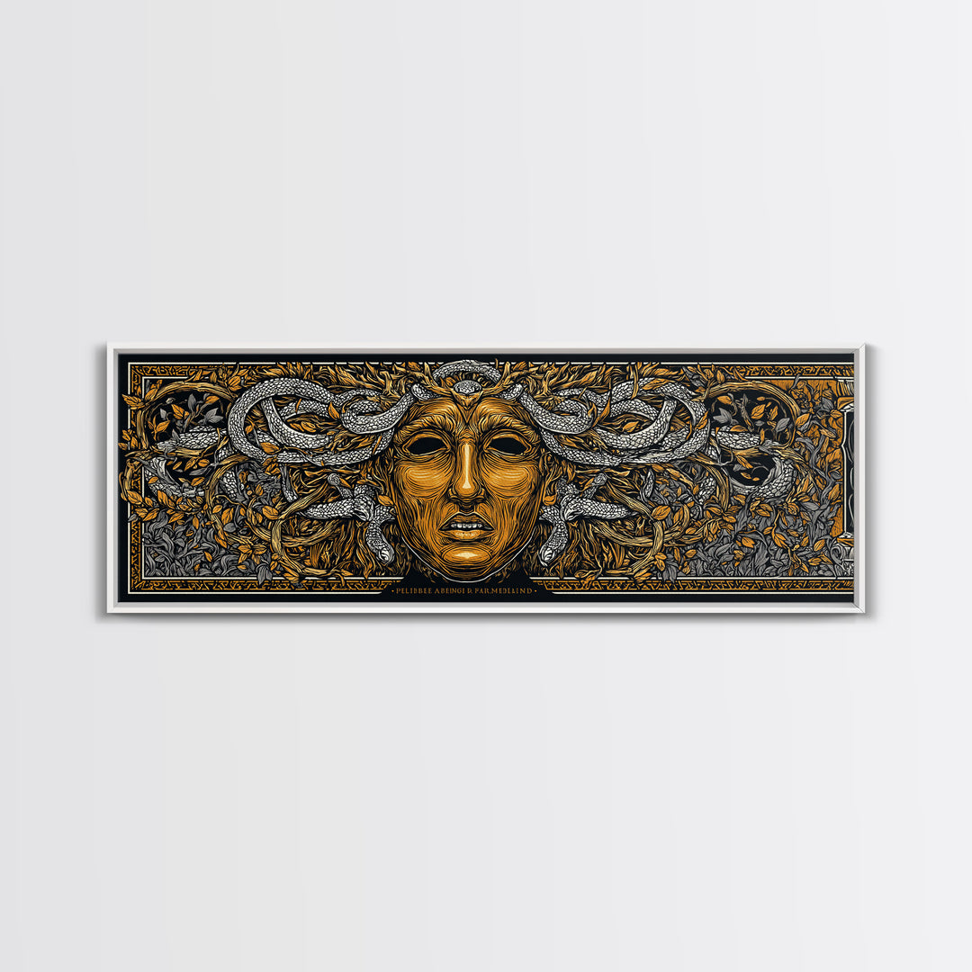 Medusa Myth Gold Canvas Print, Snake Goddess Wall Art, Ancient Greek Gorgon Illustration, Real Wood Frame, Dramatic Luxury Decor