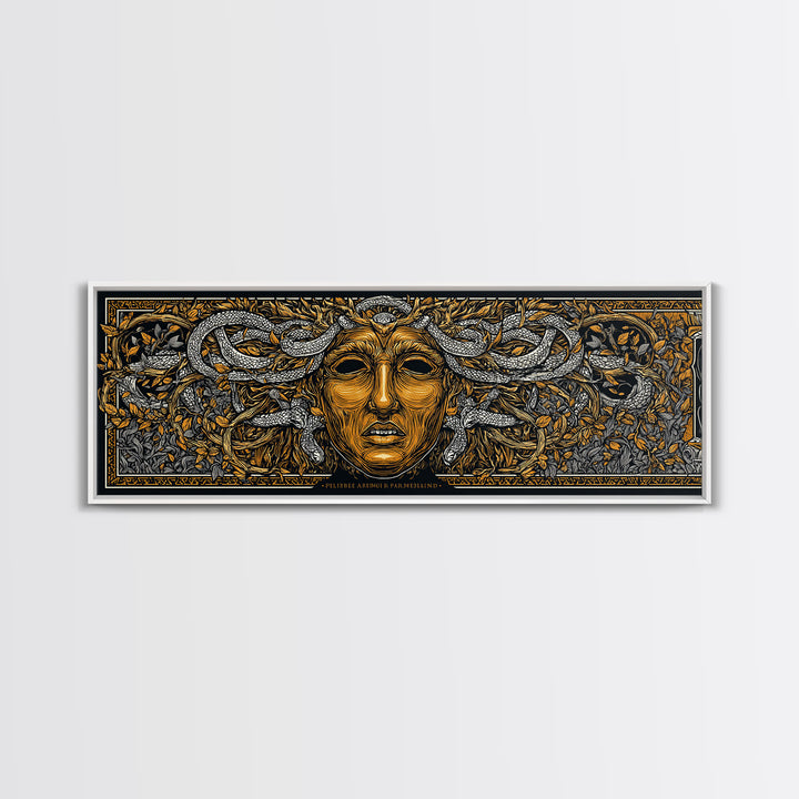 Medusa Myth Gold Canvas Print, Snake Goddess Wall Art, Ancient Greek Gorgon Illustration, Real Wood Frame, Dramatic Luxury Decor