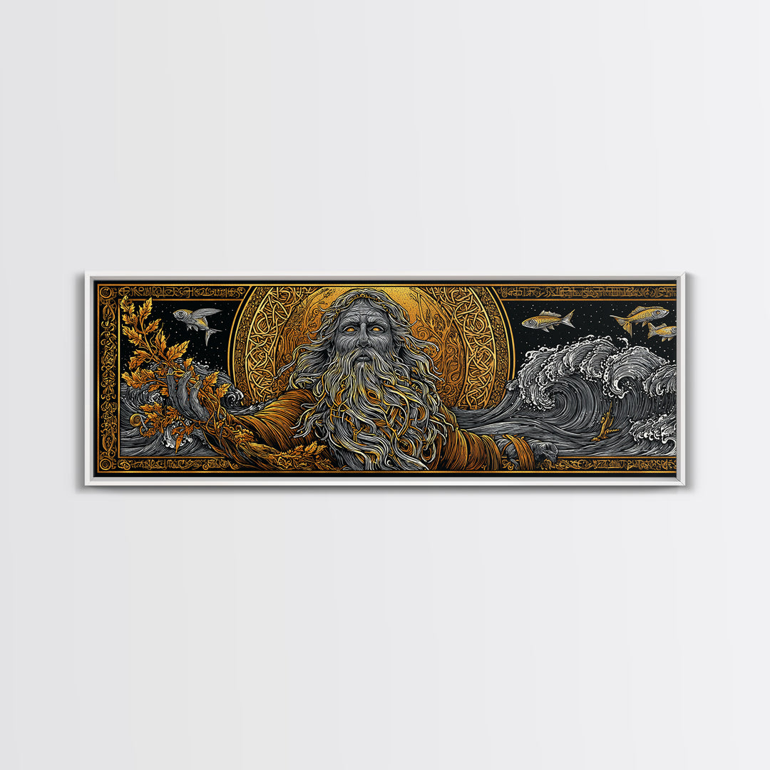 Oceanus Gold Canvas Print, Greek Titan Of The Sea, Mythology Wall Art, Flowing Waves Illustration, Real Wood Frame, Ocean Decor