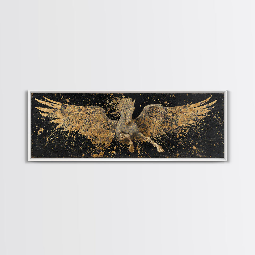 Pegasus Flying Gold Canvas Print, Greek Mythology Horse Wall Art, Real Wood Frame, Luxury Decorative Artwork