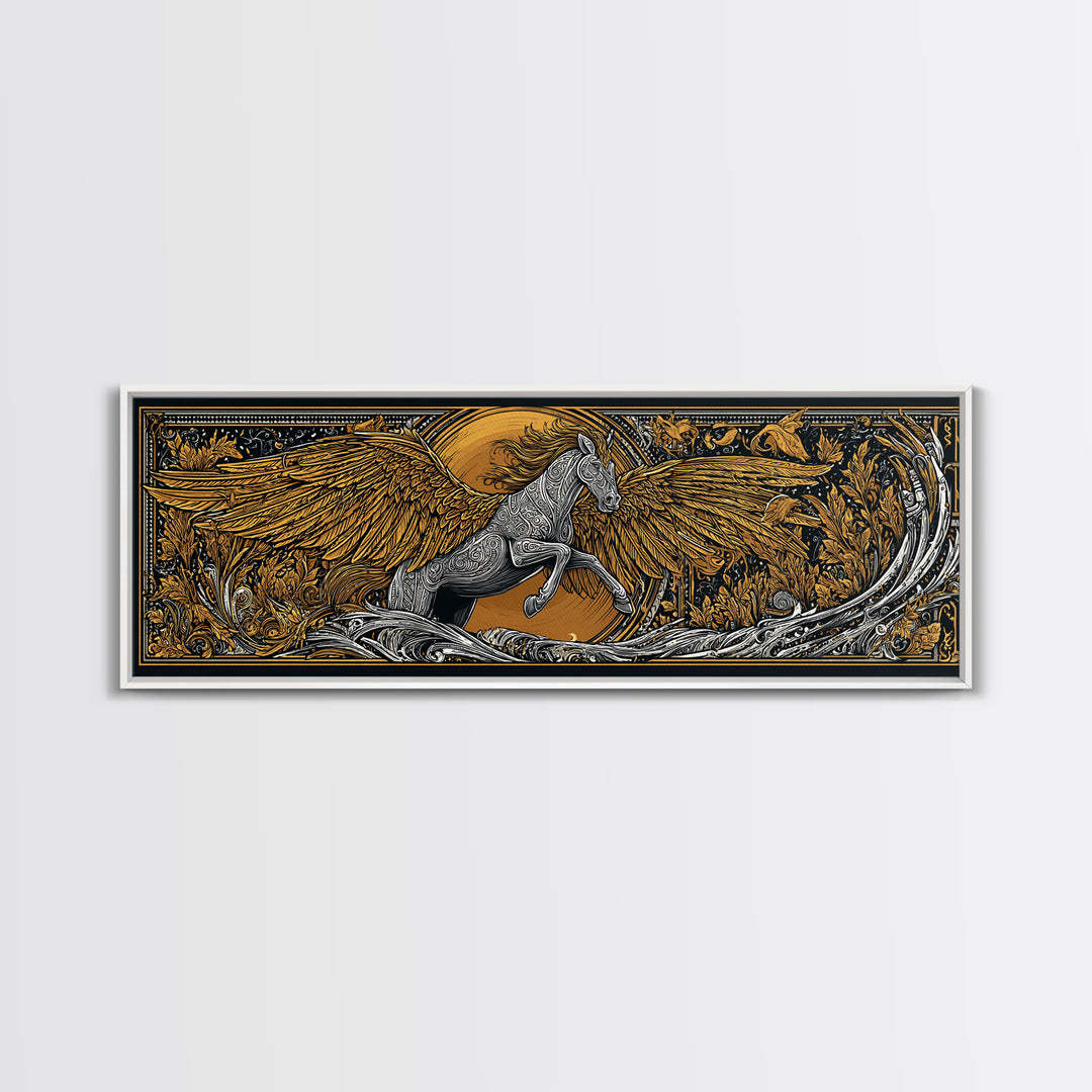 Pegasus Rising Gold Canvas Print, Mythological Horse Wall Art, Real Wood Frame, Luxury Collectible Decorative Art
