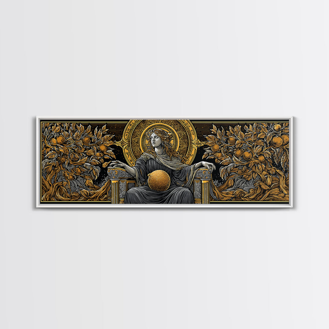 Persephone Throne Gold Canvas Print, Goddess Of Spring Wall Art, Real Wood Frame, Mythology Artwork For Decor