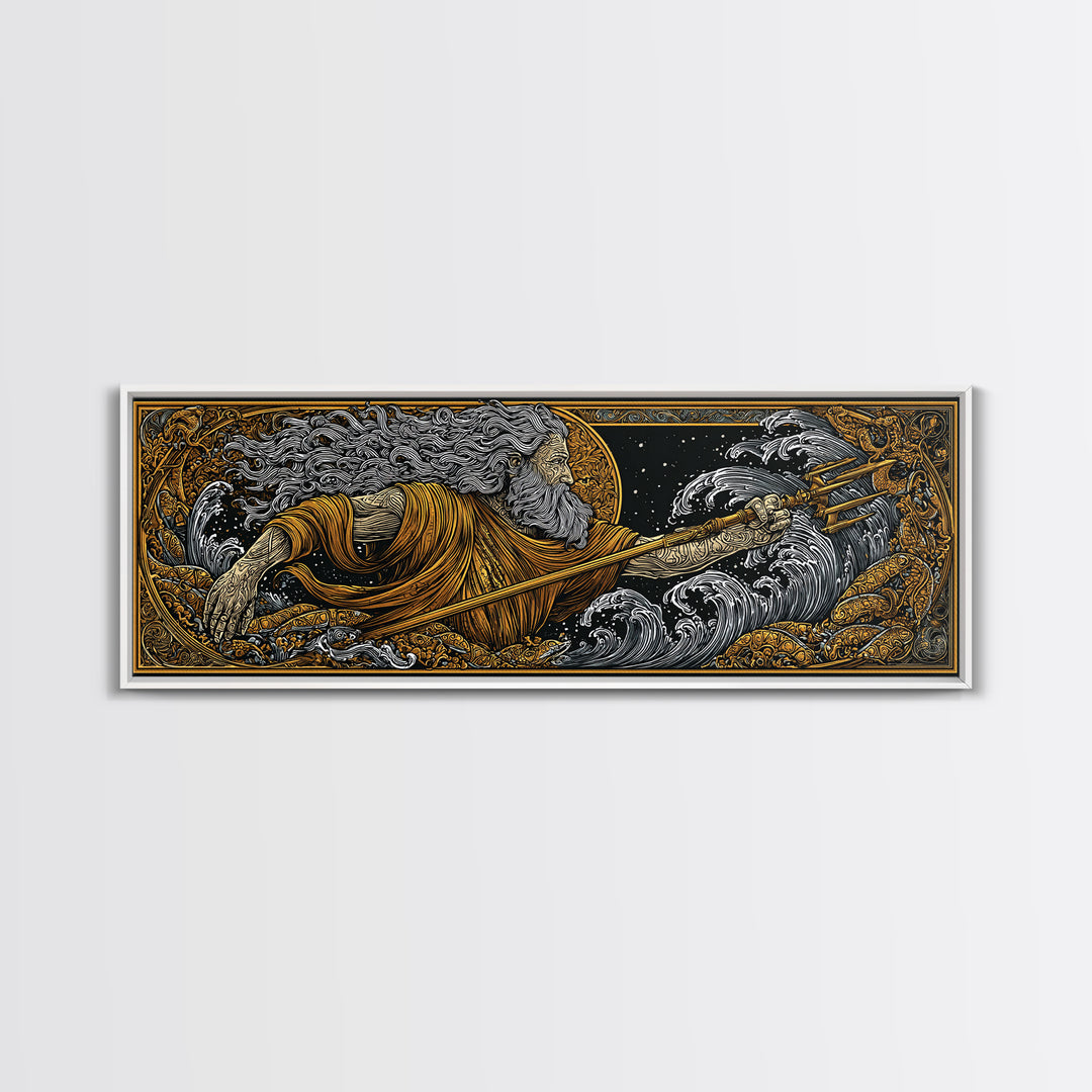 Poseidon Wields Gold Canvas Print, Sea God Wall Art, Real Wood Frame, Mythological Ocean Artwork For Home Decor