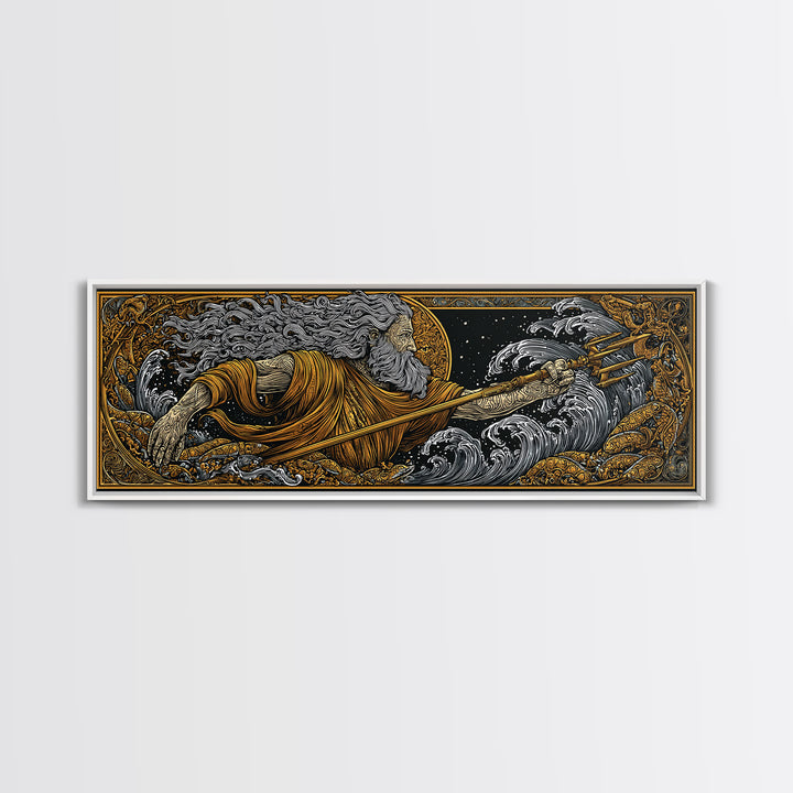 Poseidon Wields Gold Canvas Print, Sea God Wall Art, Real Wood Frame, Mythological Ocean Artwork For Home Decor