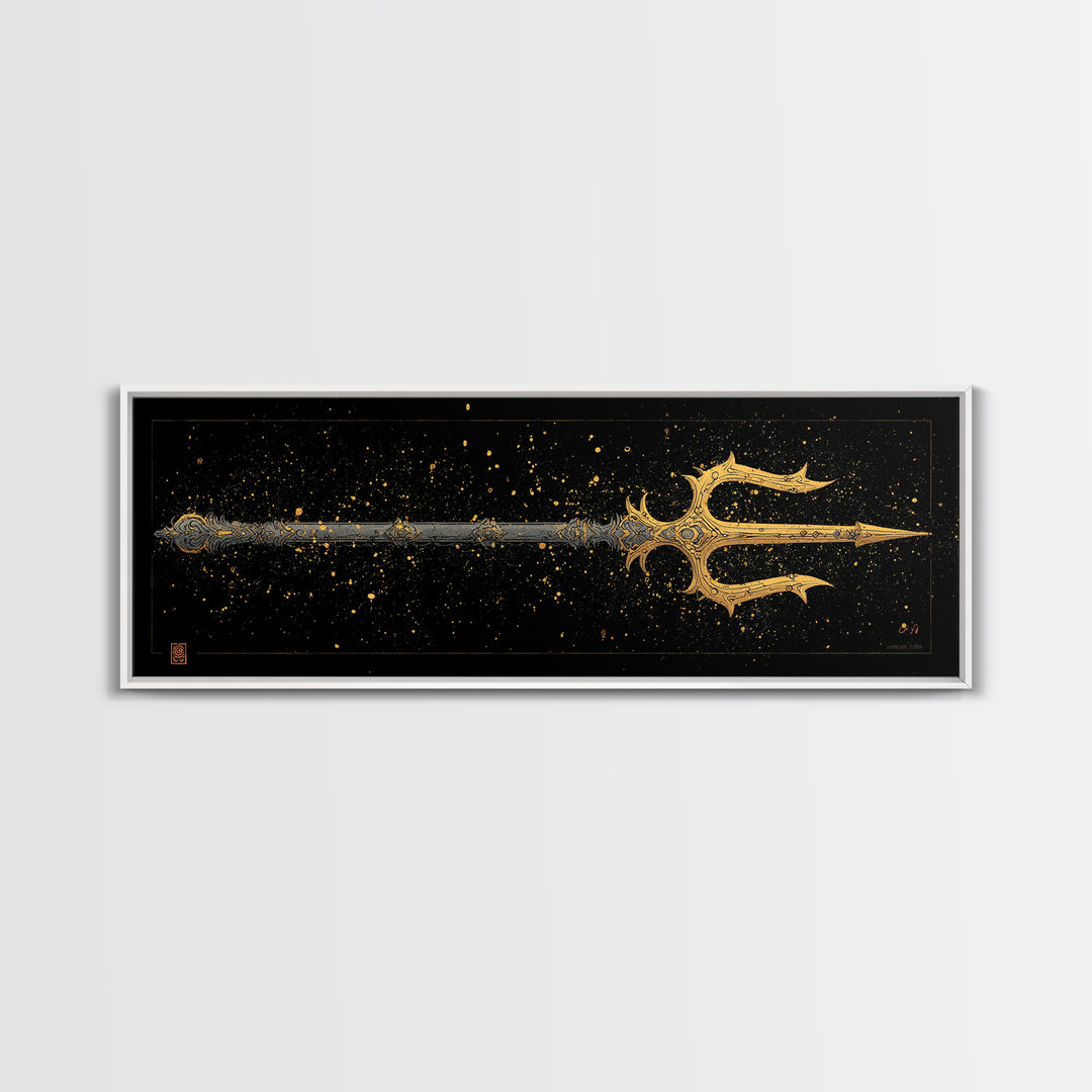 Poseidon Trident Gold Canvas Print, Mythology Wall Art, Real Wood Frame, Sea God Artwork For Home Or Office Decor