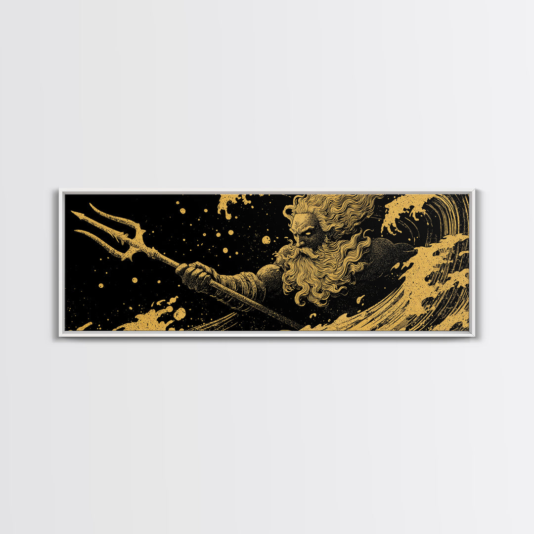 Poseidon Waves Gold Canvas Print, Mythological Sea God Wall Art, Real Wood Frame, Luxury Decorative Greek Artwork