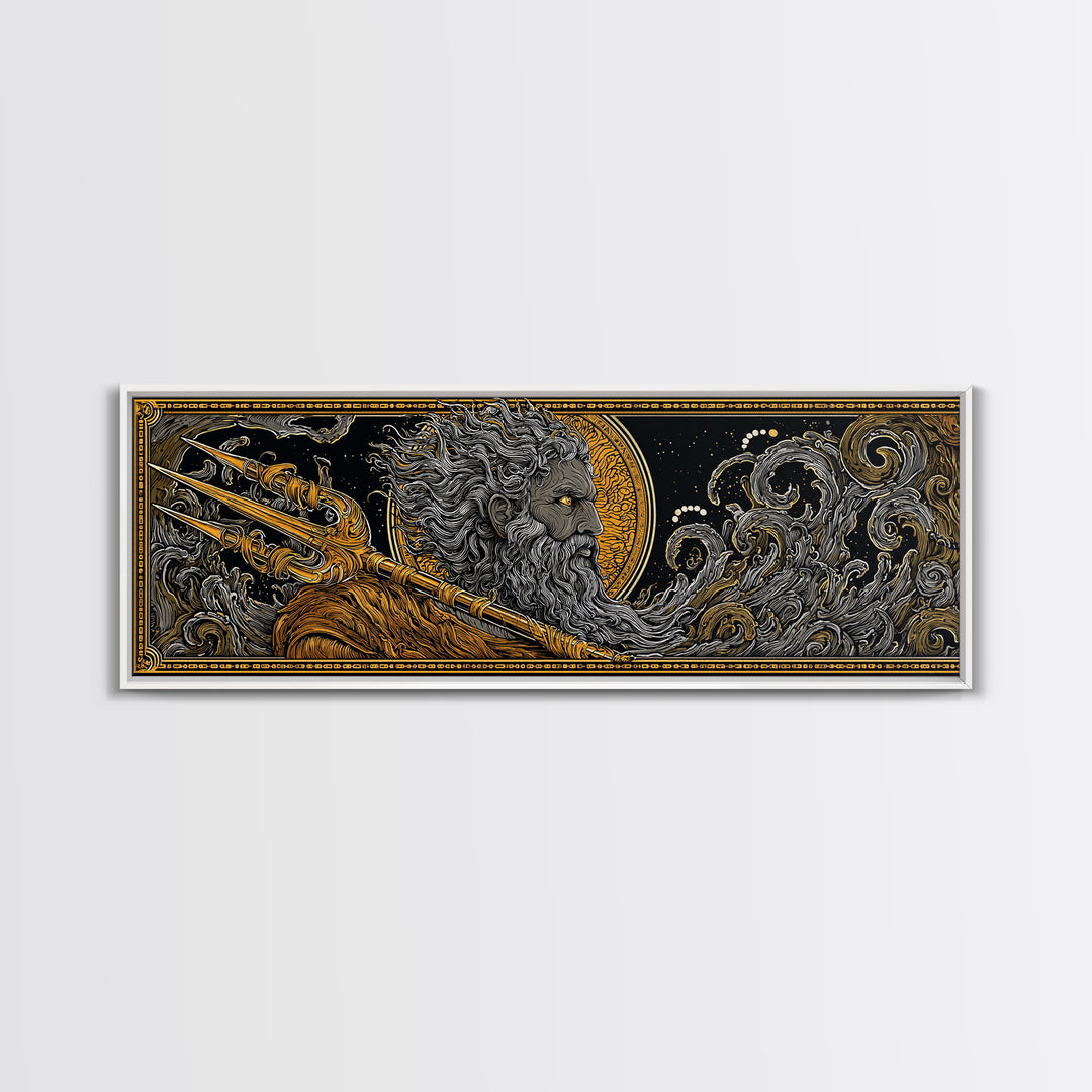 Poseidon With Trident Gold Canvas Print, Greek Mythology Wall Art, Real Wood Framed Canvas Artwork, Luxury Home Decor