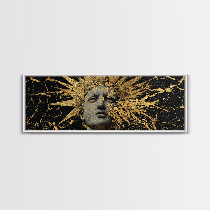 Prometheus Sunburst Bust Gold Canvas Print, Greek Statue Inspired Wall Art, Real Wood Frame, Elegant Mythology Artwork