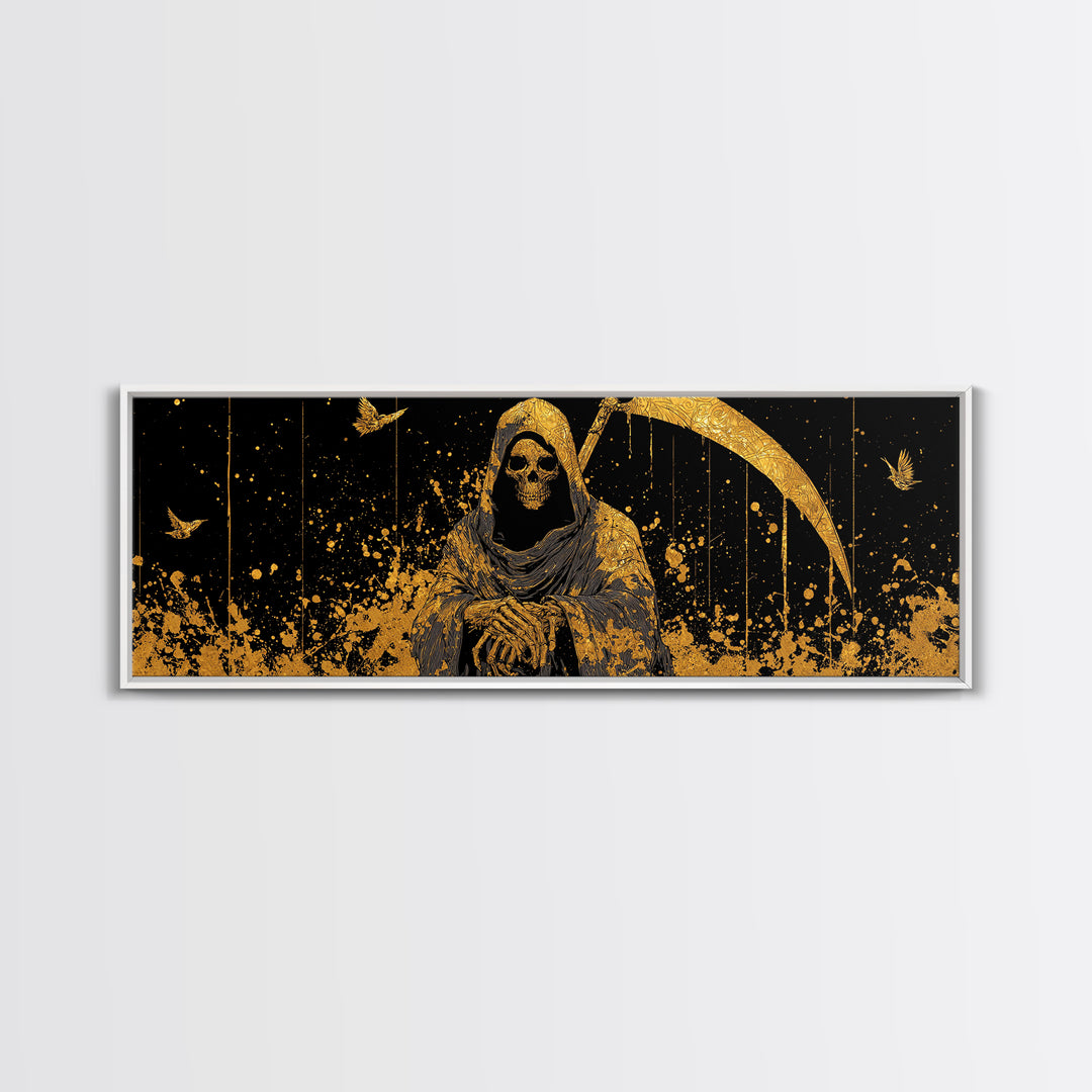 Thanatos Grim Reaper Gold Canvas Print, Mythology Inspired Wall Art, Real Wood Framed Canvas Artwork, Gothic Home Decor