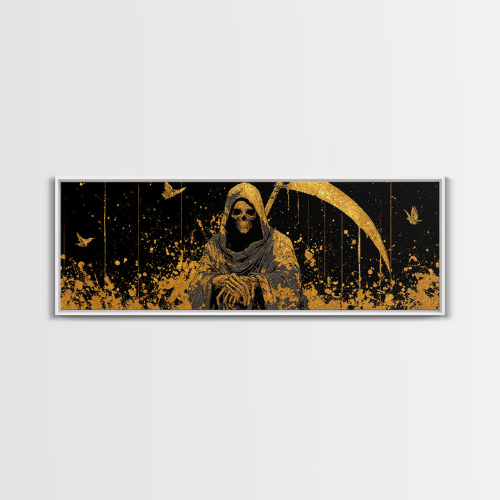 Thanatos Grim Reaper Gold Canvas Print, Mythology Inspired Wall Art, Real Wood Framed Canvas Artwork, Gothic Home Decor