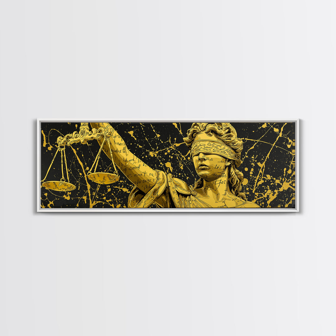 Themis Blind Justice Gold Canvas Art, Greek Goddess Wall Print, Real Wood Frame Canvas Print, Law And Justice Statue Artwork