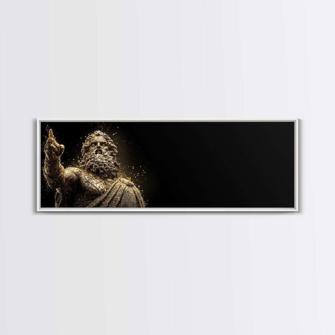 Zeus Statue Gold Canvas Print, Greek God Wall Art, Lightning King Decor, Real Wood Frame Mythology Inspired Artwork