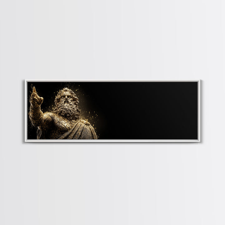 Zeus Statue Gold Canvas Print, Greek God Wall Art, Lightning King Decor, Real Wood Frame Mythology Inspired Artwork