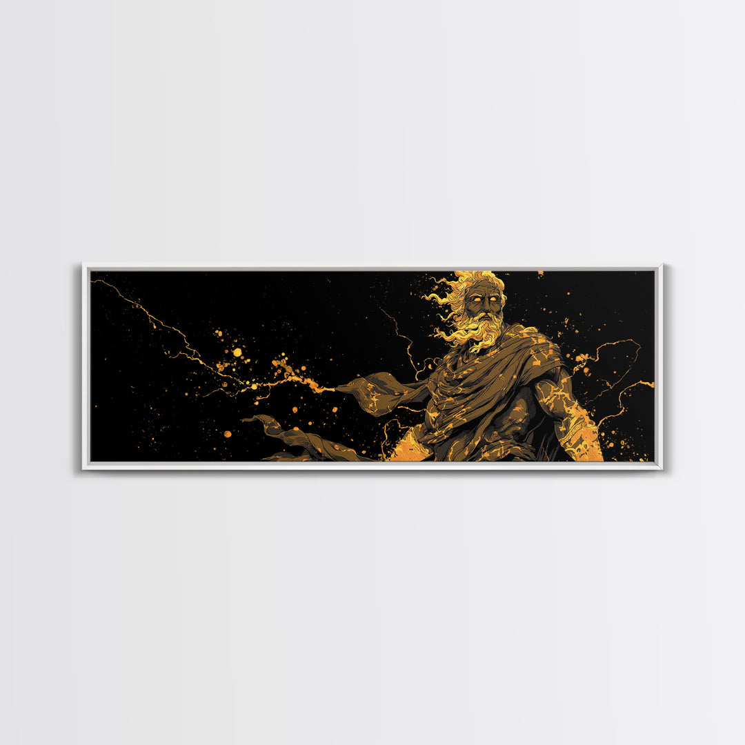 Zeus With Lightning Gold Canvas Art, Greek Mythology Canvas Print, Real Wood Frame Decor, Dramatic Wall Artwork For Home