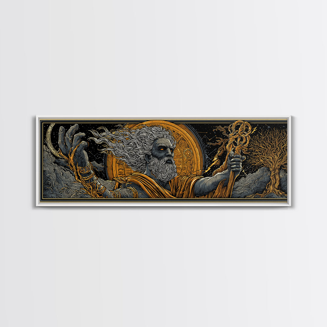 Zeus With Staff Gold Canvas Print, Greek God Wall Art, Regal Mythology Decor, Real Wood Frame Luxury Artwork