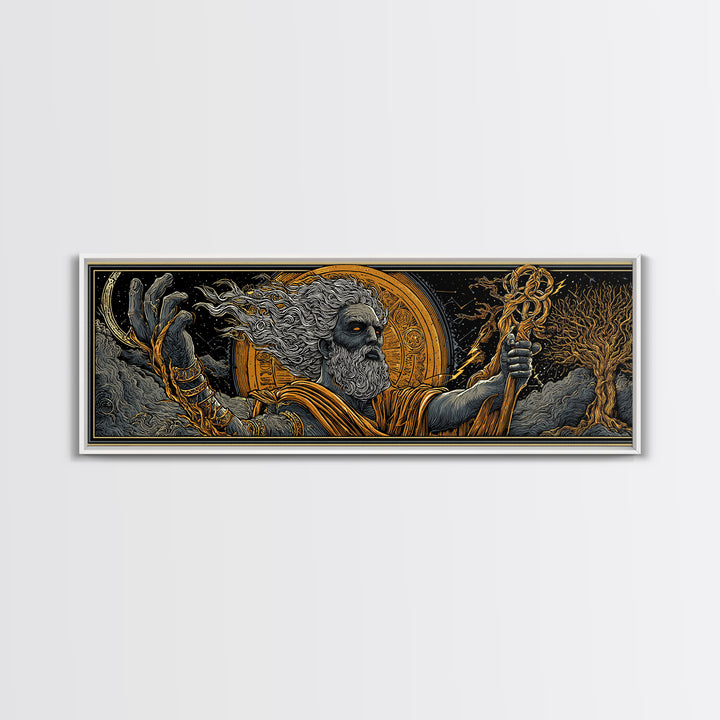 Zeus With Staff Gold Canvas Print, Greek God Wall Art, Regal Mythology Decor, Real Wood Frame Luxury Artwork