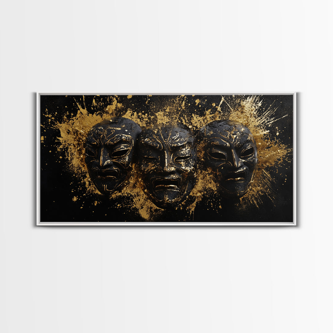 Tribal Drama Mask Gold Canvas Print, Abstract Splatter Art On Canvas, Real Wood Frame Wall Décor, Gothic Theater Artwork