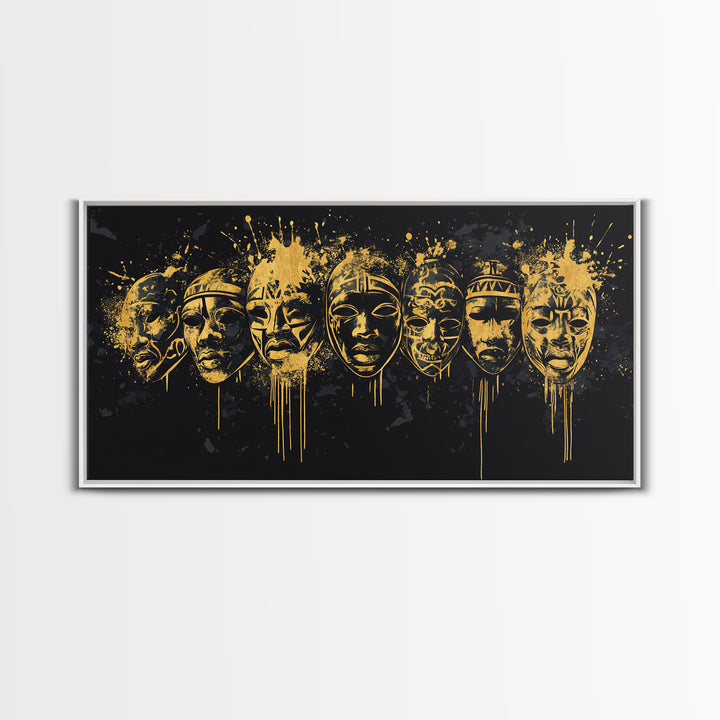 Intricate Regal Mask Gold Canvas Art, Ornate Splatter Canvas Print, Real Wood Frame Wall Décor, Dramatic Statement Artwork