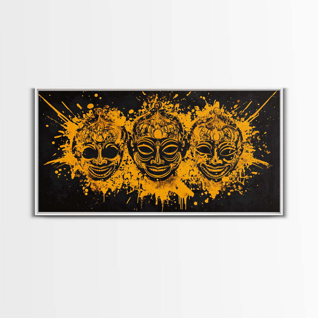 Ancient Warrior Mask Gold Canvas Art, Tribal Splatter Canvas Print, Real Wood Frame Wall Décor, Bold Dramatic Statement Art