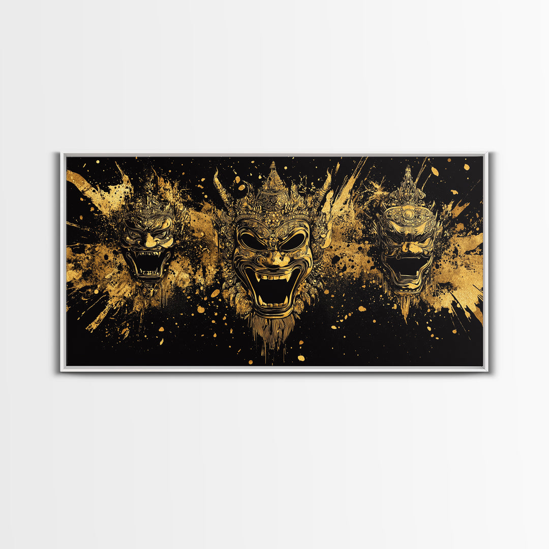 Royal Mask Gold Canvas Art, Splatter Canvas Print With Ornate Details, Real Wood Frame Wall Décor, Dramatic Theater Artwork