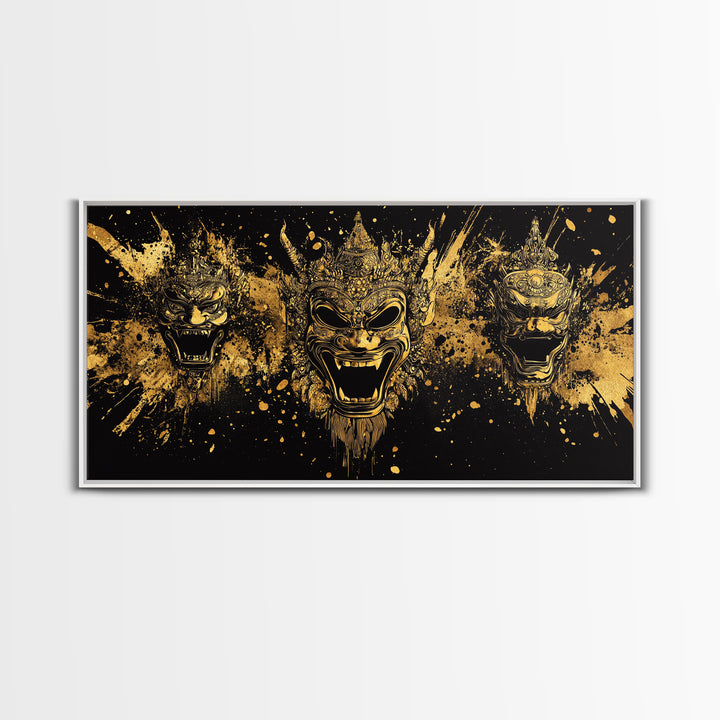 Royal Mask Gold Canvas Art, Splatter Canvas Print With Ornate Details, Real Wood Frame Wall Décor, Dramatic Theater Artwork