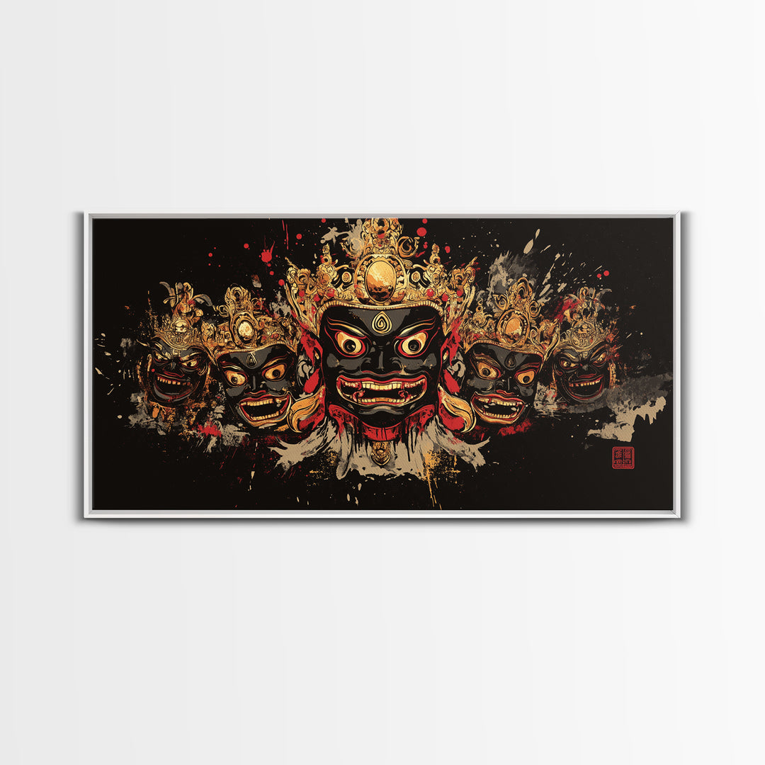African Tribal Mask Gold Canvas Art, Ethnic Splatter Canvas Print, Real Wood Frame Wall Décor, Cultural Bold Statement Artwork