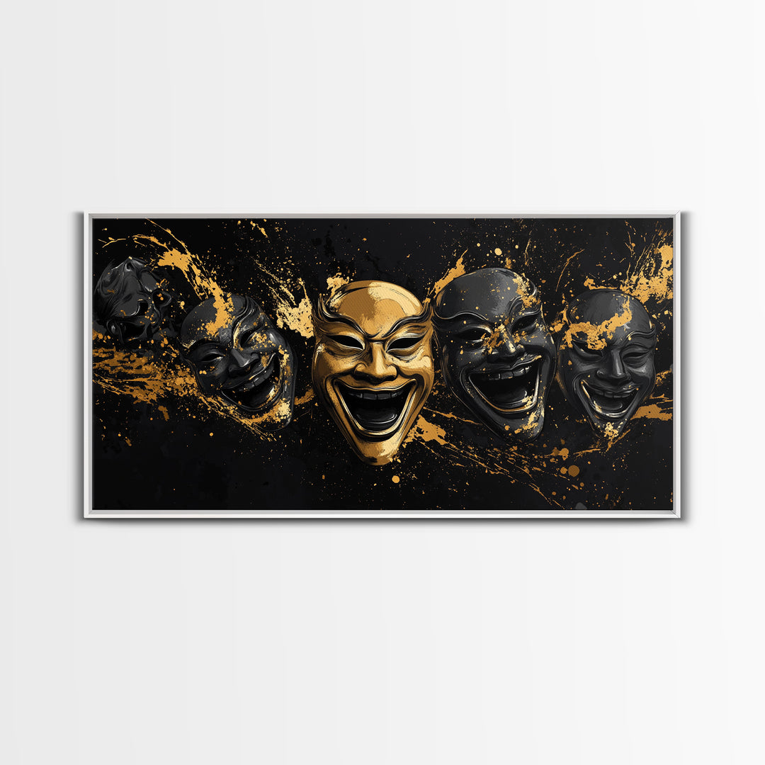 Fierce Demon Mask Gold Canvas Print, Splatter Abstract Mask Art On Canvas, Real Wood Frame Wall Décor, Bold Gothic Artwork
