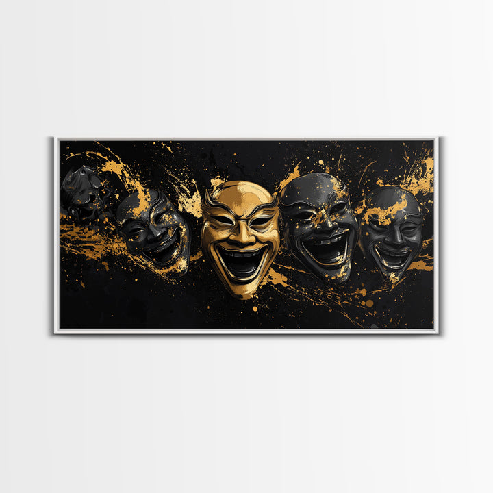 Fierce Demon Mask Gold Canvas Print, Splatter Abstract Mask Art On Canvas, Real Wood Frame Wall Décor, Bold Gothic Artwork