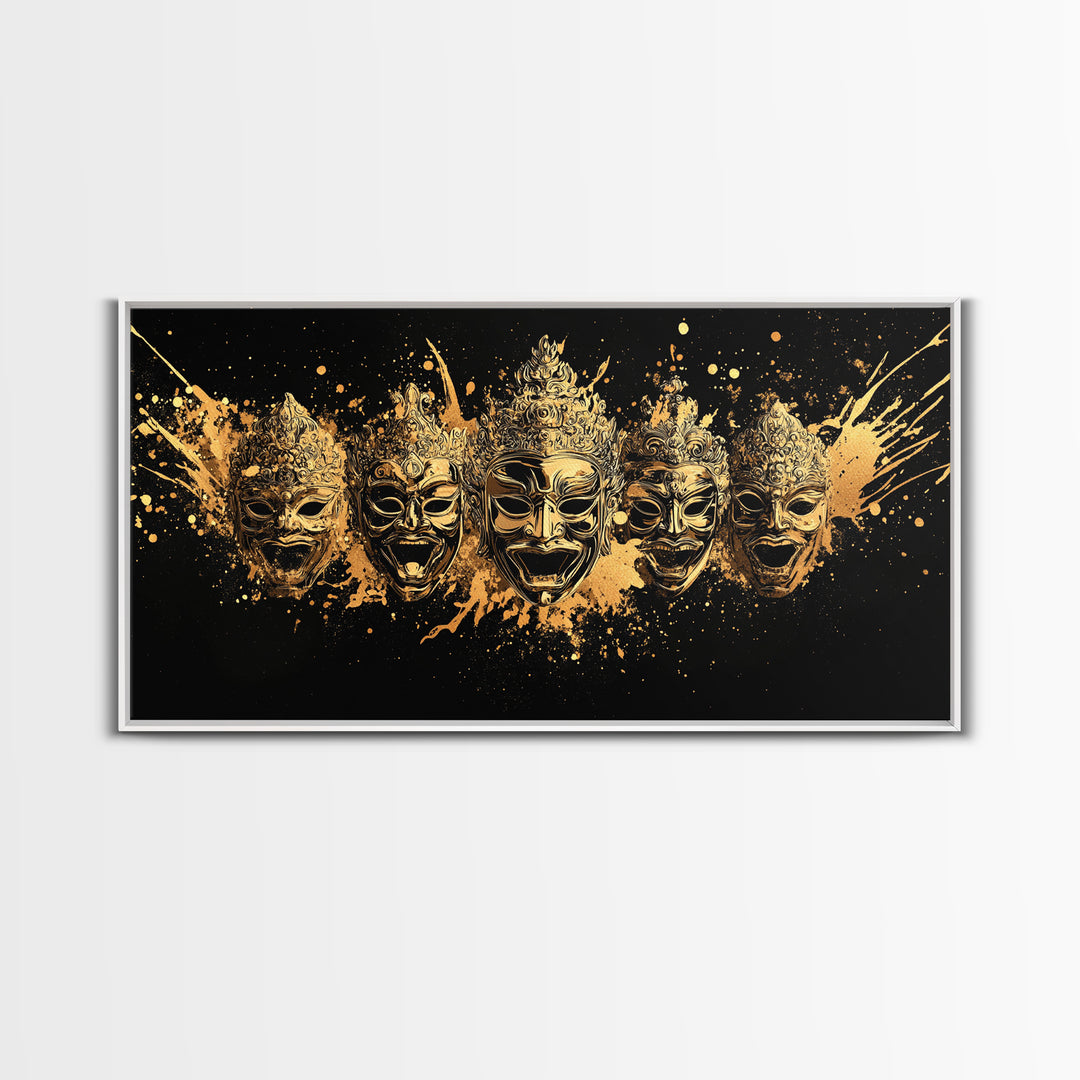 Warrior Mask Set Gold Canvas Art, Splatter Tribal Mask Canvas Print, Real Wood Frame Wall Décor, Dramatic Cultural Statement Art