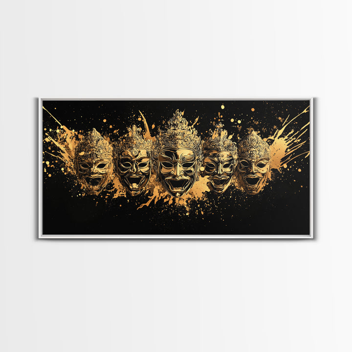 Warrior Mask Set Gold Canvas Art, Splatter Tribal Mask Canvas Print, Real Wood Frame Wall Décor, Dramatic Cultural Statement Art