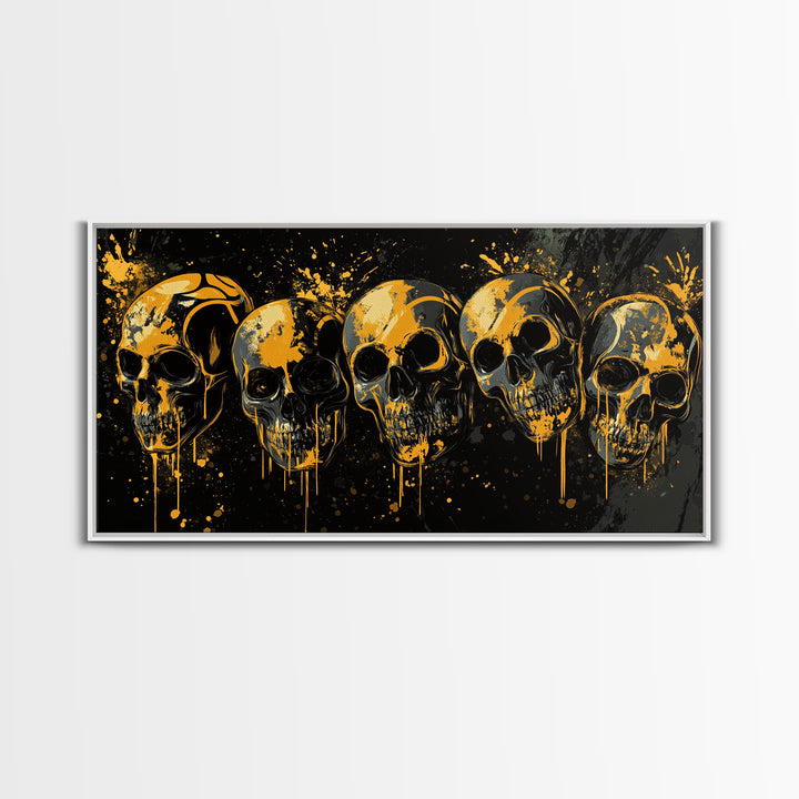 Dark Skull Mask Gold Canvas Print, Splatter Gothic Art On Canvas, Real Wood Frame Wall Décor, Macabre Dramatic Wall Artwork