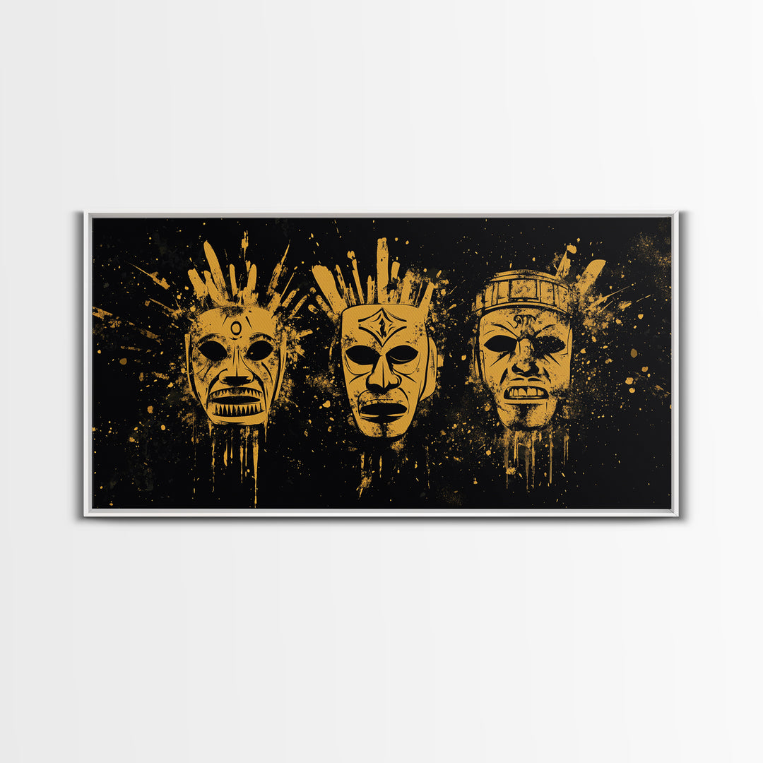 Mystical Sacred Mask Gold Canvas Art, Ornate Splatter Mask Canvas Print, Real Wood Frame Wall Décor, Spiritual Bold Statement Artwork