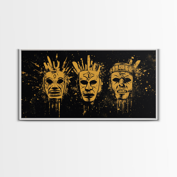 Mystical Sacred Mask Gold Canvas Art, Ornate Splatter Mask Canvas Print, Real Wood Frame Wall Décor, Spiritual Bold Statement Artwork