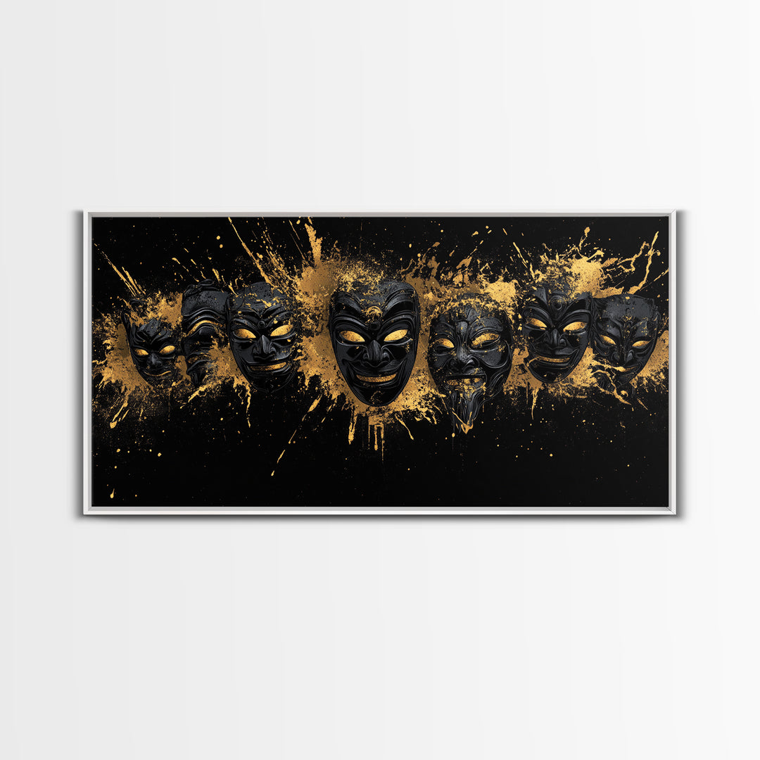 Fiery Demon Mask Gold Canvas Print, Ornate Splatter Mask Art On Canvas, Real Wood Frame Wall Décor, Bold Cultural Wall Artwork