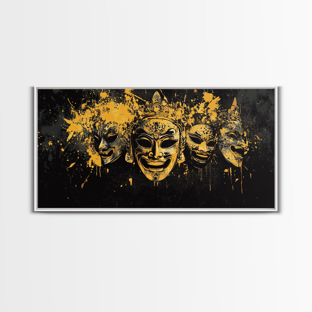 Regal Mask Set Gold Canvas Art, Splatter Tribal Demon Mask Canvas Print, Real Wood Frame Wall Décor, Bold Fierce Statement Artwork