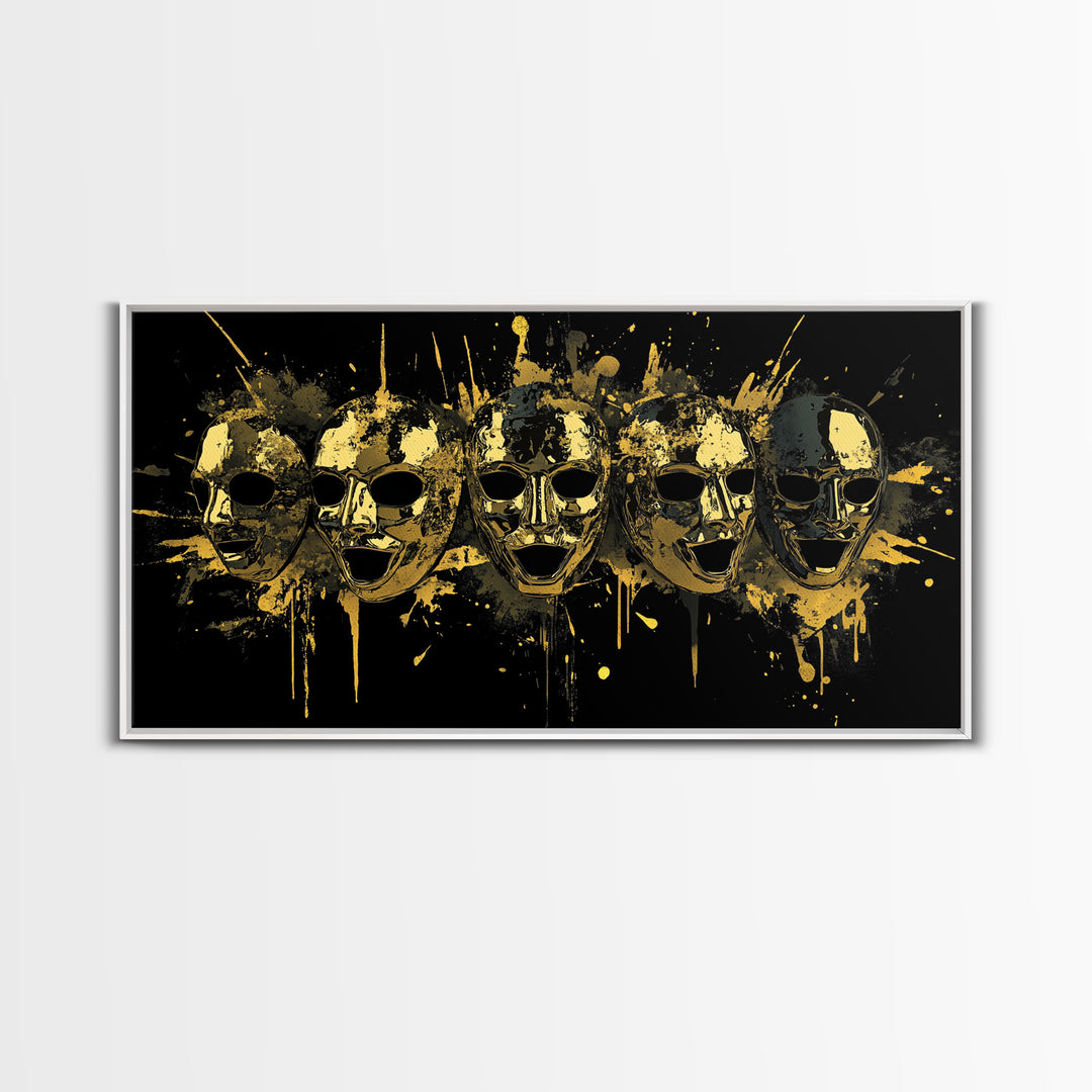 Theatrical Comedy Mask Gold Canvas Print, Splatter Dramatic Art On Canvas, Real Wood Frame Wall Décor, Gothic Statement Artwork