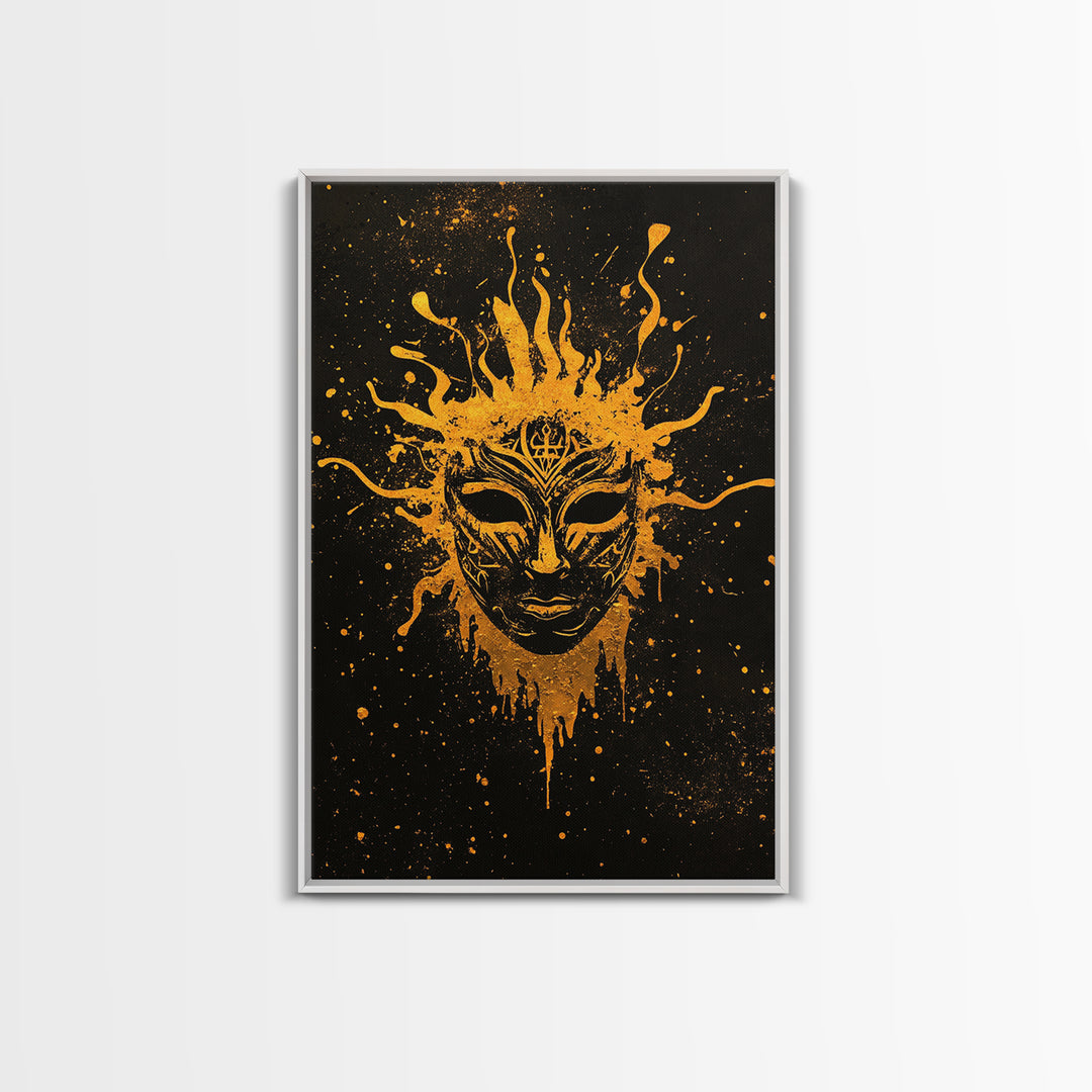 Mystical Tribal Mask Gold Canvas Print, Abstract Face Art, Splatter Style Wall Decor, Real Wood Frame