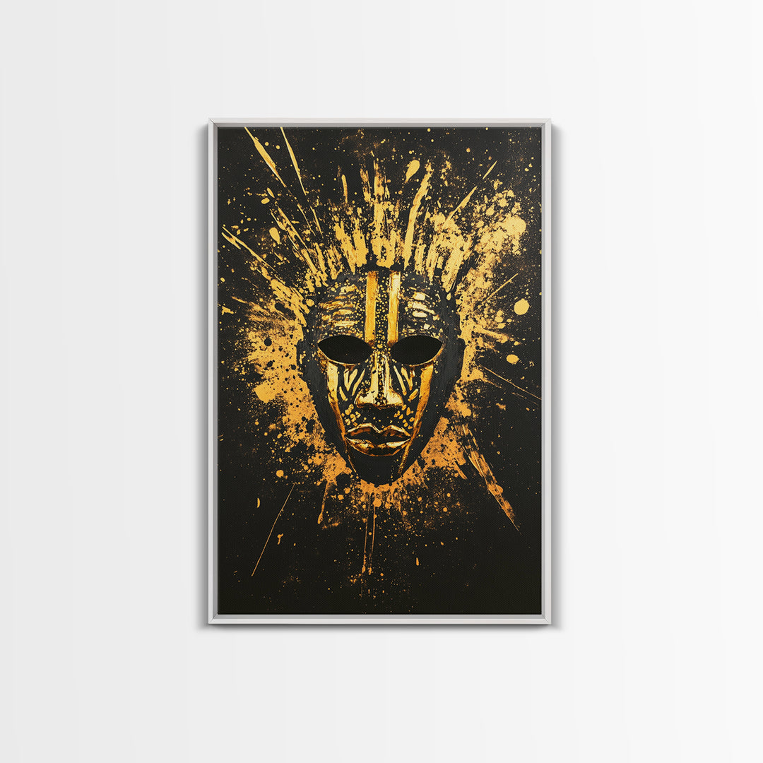 Sacred Tribal Mask Gold Canvas Print, Modern Ethnic Face Art, Spiritual Wall Decor, Real Wood Frame
