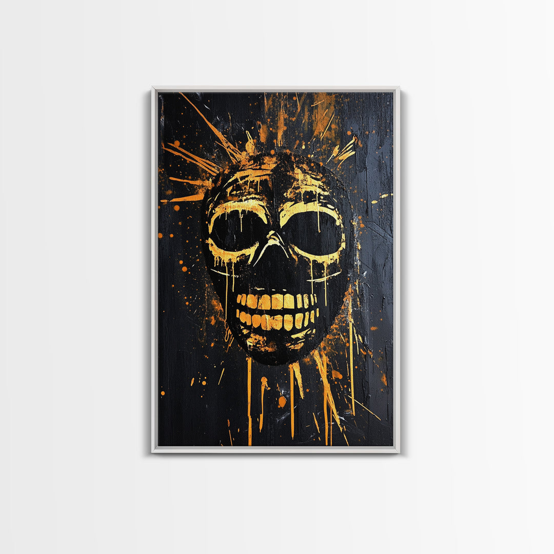 Golden Skull Mask Gold Canvas Print, Dark Gothic Face Art, Horror Splatter Wall Decor, Real Wood Frame