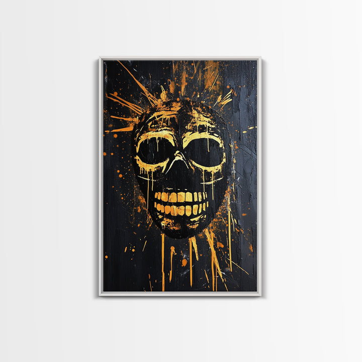 Golden Skull Mask Gold Canvas Print, Dark Gothic Face Art, Horror Splatter Wall Decor, Real Wood Frame