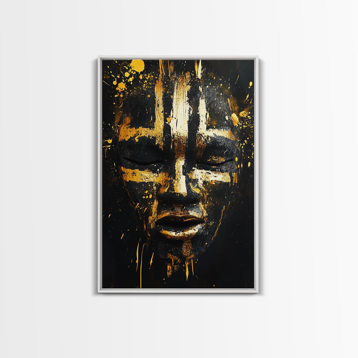 Abstract Painted Mask Gold Canvas Print, Tribal Face Art, Bold Modern Wall Decor, Real Wood Frame