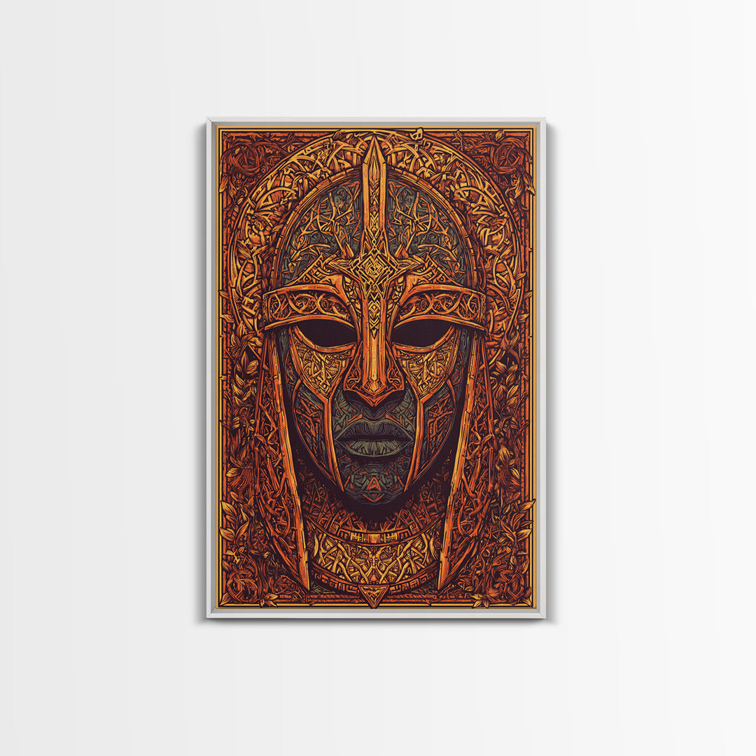 Celtic Warrior Mask Gold Canvas Print, Ornate Medieval Armor Face Art, Mythic Wall Decor, Real Wood Frame