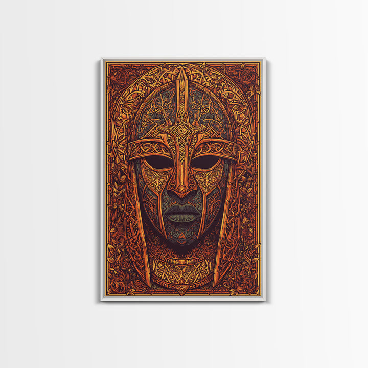 Celtic Warrior Mask Gold Canvas Print, Ornate Medieval Armor Face Art, Mythic Wall Decor, Real Wood Frame