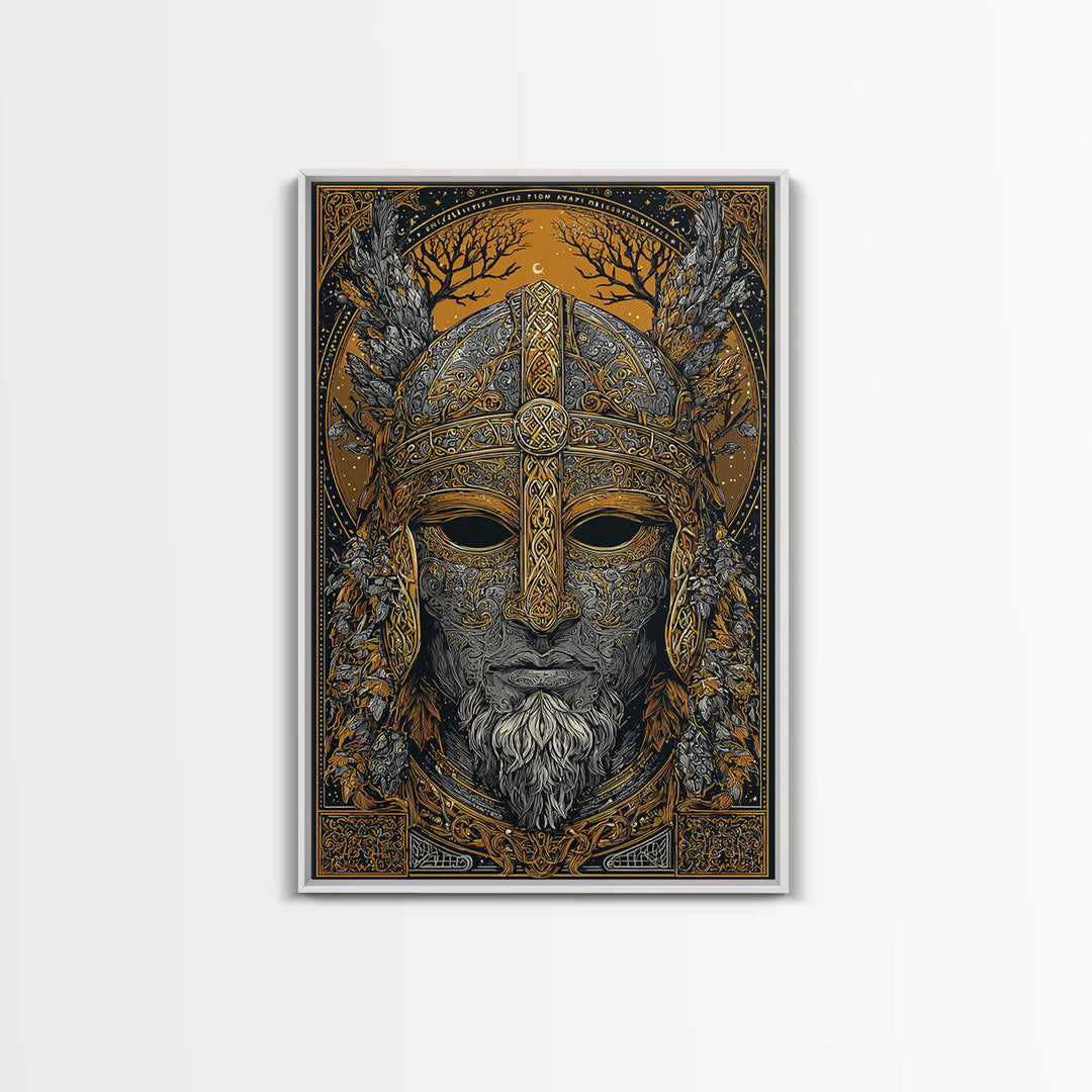 Viking Warrior Mask Gold Canvas Print, Norse Mythology Face Art, Ornate Medieval Wall Decor, Real Wood Frame