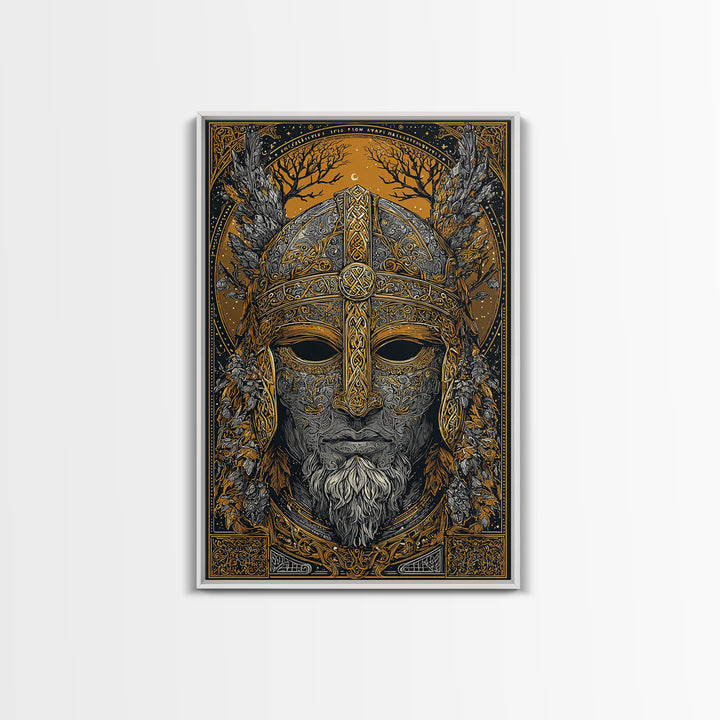 Viking Warrior Mask Gold Canvas Print, Norse Mythology Face Art, Ornate Medieval Wall Decor, Real Wood Frame