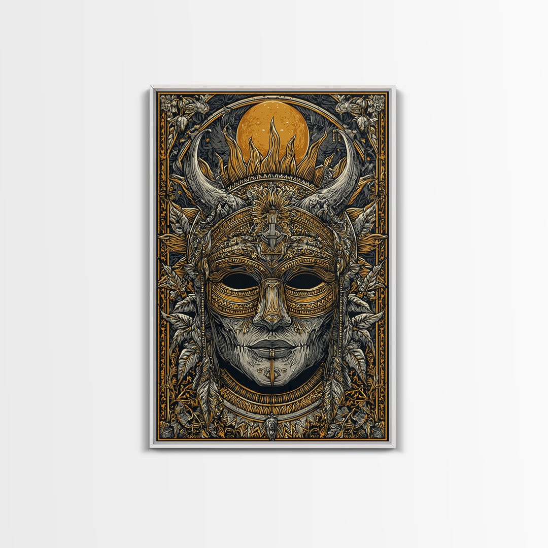 Horned Tribal Mask Gold Canvas Print, Ethnic Warrior Face Art, Ornate Mythic Wall Decor, Real Wood Frame