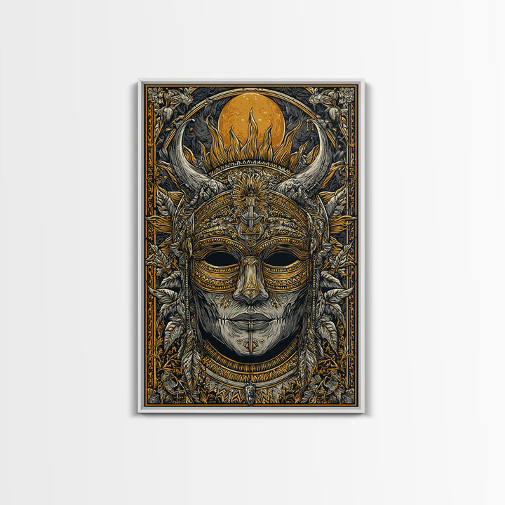 Horned Tribal Mask Gold Canvas Print, Ethnic Warrior Face Art, Ornate Mythic Wall Decor, Real Wood Frame